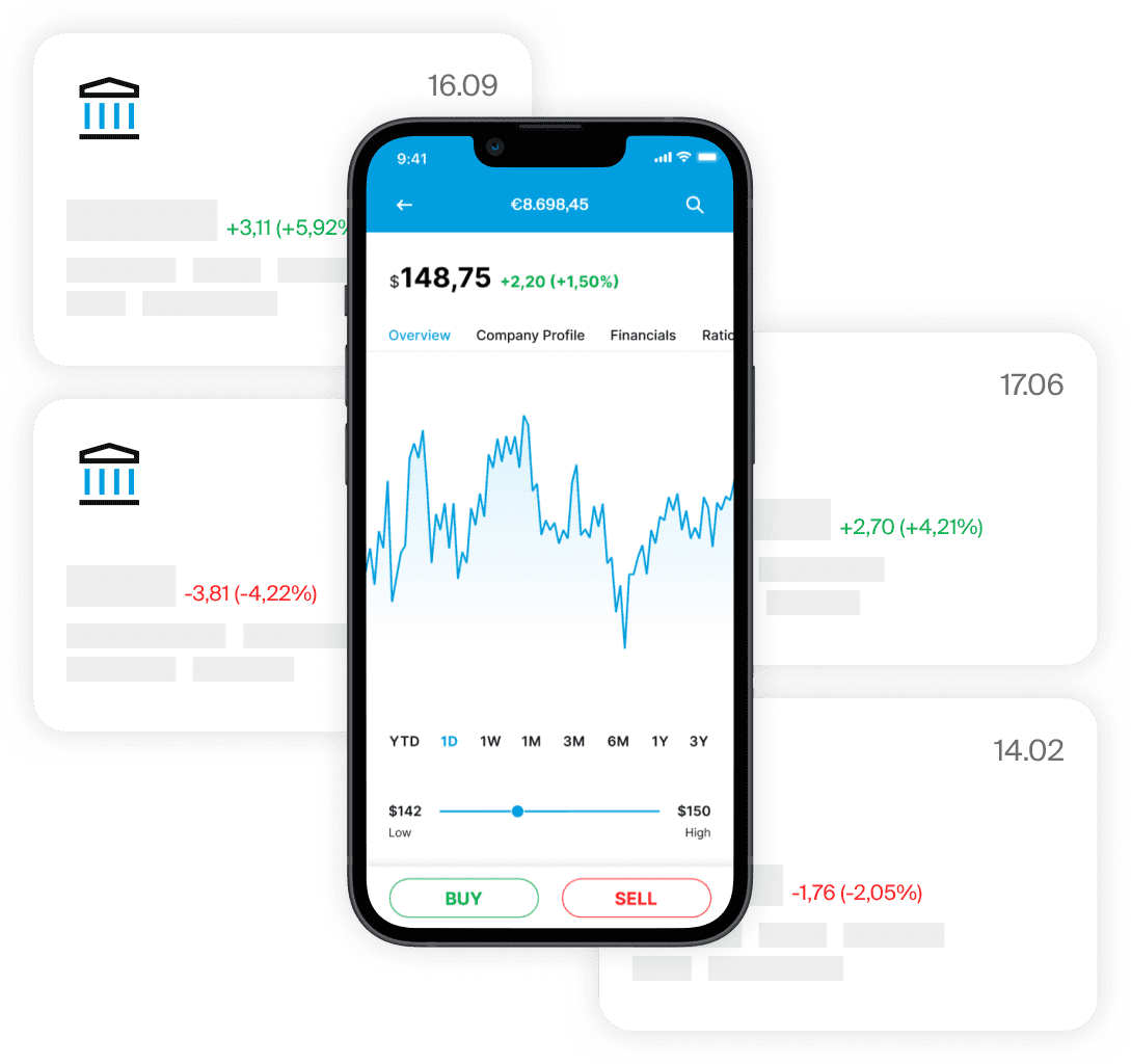 Smartphone mostrando el gráfico de la aplicación EXDEGIRO con iconos de instituciones financieras y paneles de datos de mercado