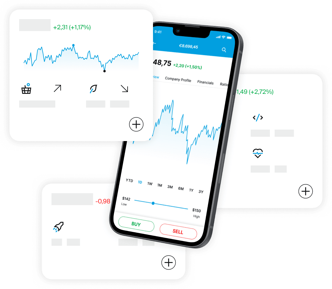 Smartphone mostrando el gráfico de la aplicación EXDEGIRO con paneles flotantes de datos de mercado e iconos